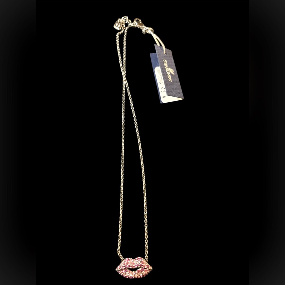Swarovski pink lips pendant necklace rhodium plated ** New